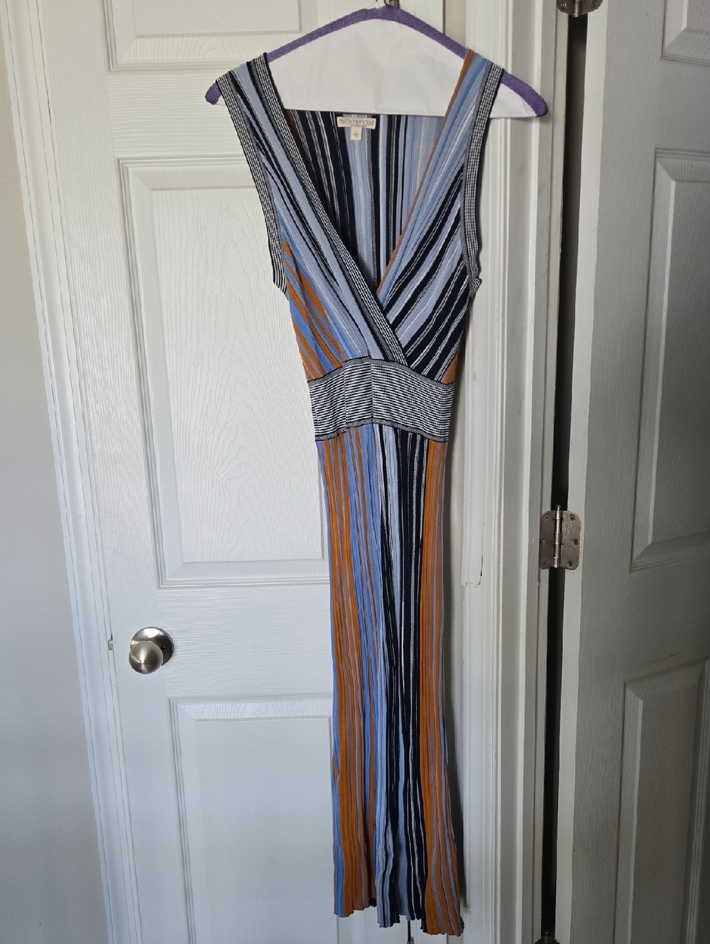 New York & Company Striped V-Neck Maxi Dress in Blue, Black & Rust